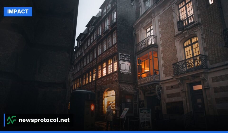 Closed French shop under curfew lights on a Paris street