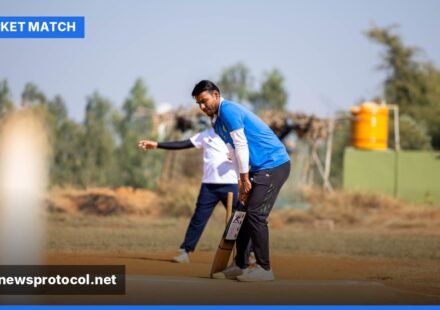 A fast bowler in action during a cricket match, delivering the ball with intensity.