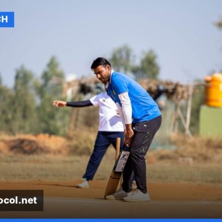 A fast bowler in action during a cricket match, delivering the ball with intensity.