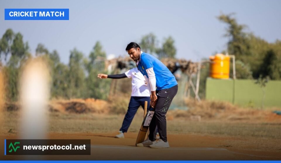A fast bowler in action during a cricket match, delivering the ball with intensity.