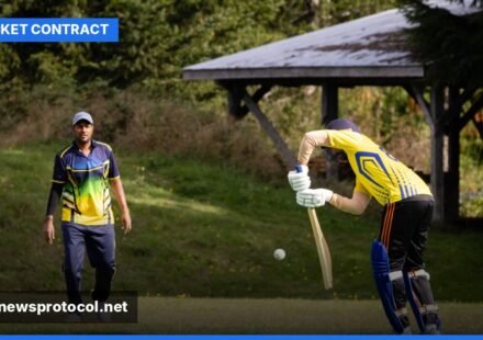 A fast bowler in mid-action on a cricket pitch, delivering the ball during a match.