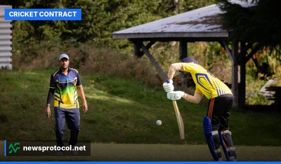 A fast bowler in mid-action on a cricket pitch, delivering the ball during a match.