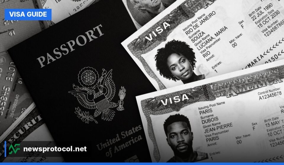 Passport, application forms and documents laid out on a desk for a UK visa application