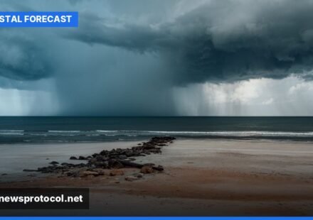 A stormy beach scene in Jacksonville, Florida, with rough waves and dark clouds overhead, reflecting the challenging weather conditions.