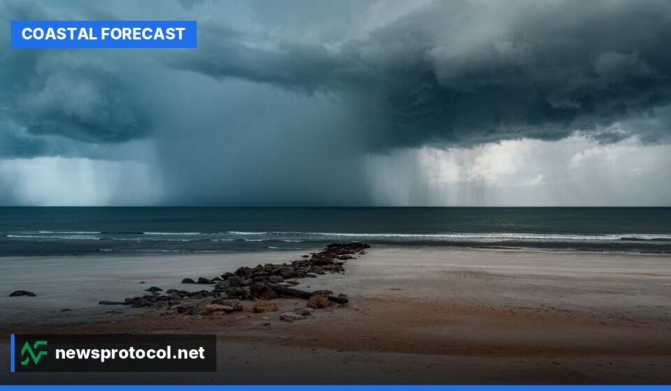 A stormy beach scene in Jacksonville, Florida, with rough waves and dark clouds overhead, reflecting the challenging weather conditions.
