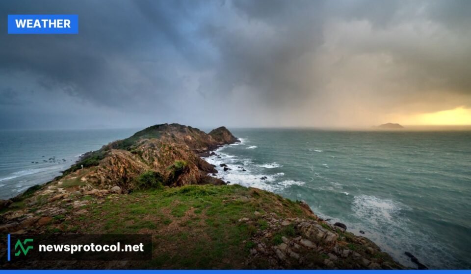 Rain clouds over the Phillip Island coastline in Victoria, Australia, ahead of a wet race weekend.