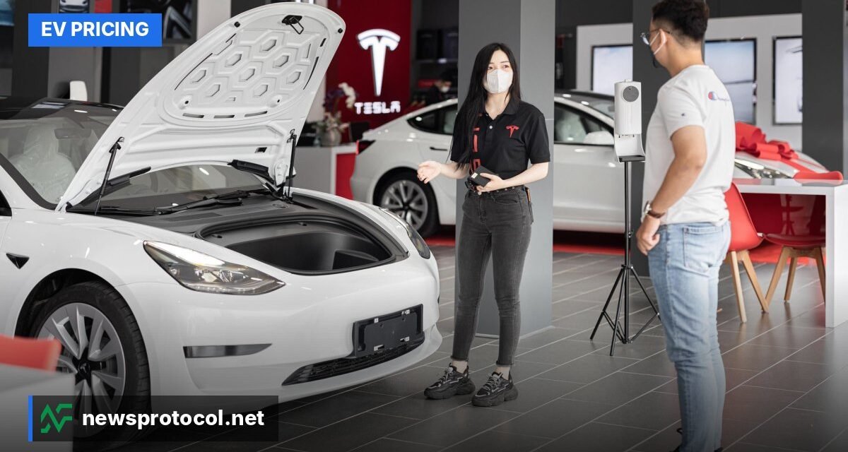A freshly polished Tesla Model 3 displayed in a modern showroom.