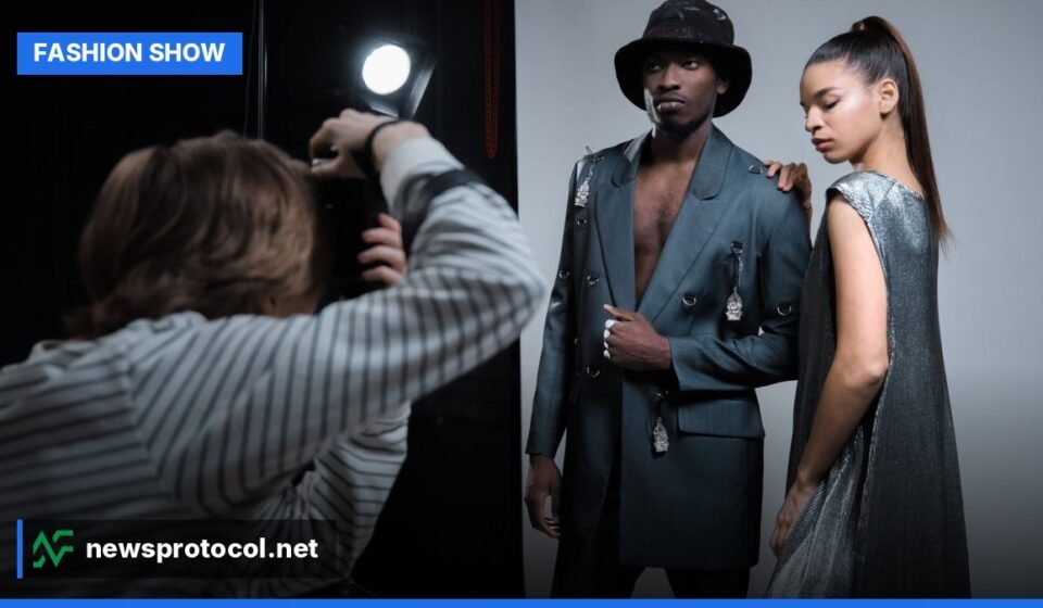 Models preparing backstage at a fashion show, adjusting outfits and makeup before walking the runway.